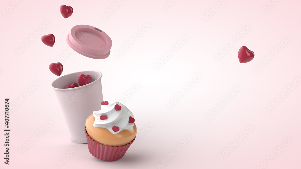 Valentines day and International Womens Day postcard background. Сoffee cup and cupcake with white