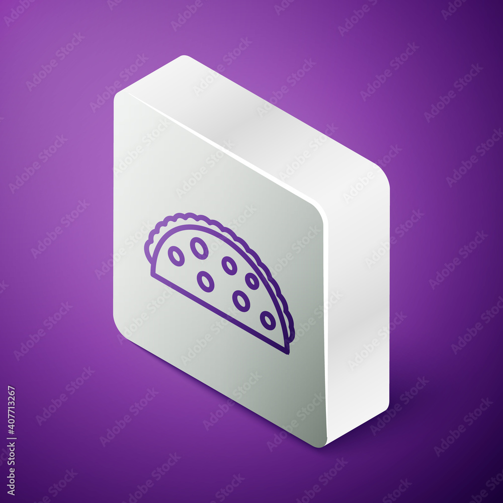 Isometric line Taco with tortilla icon isolated on purple background. Traditional mexican fast food 