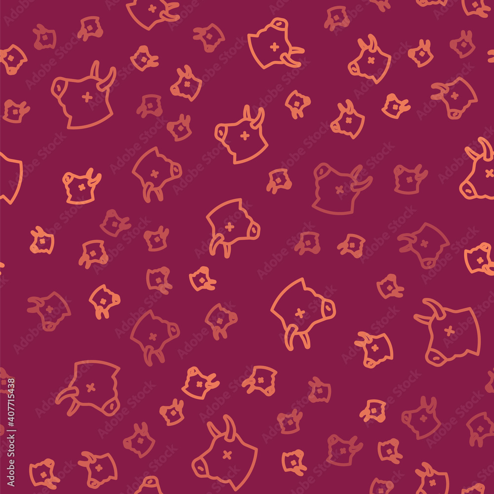 Brown line Cow head icon isolated seamless pattern on red background. Vector.