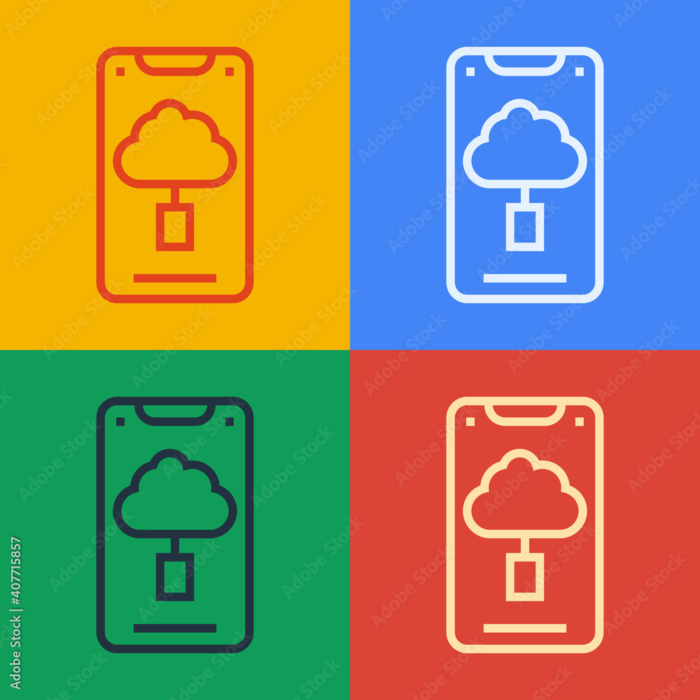 Pop art line Cloud technology data transfer and storage icon isolated on color background. Vector.