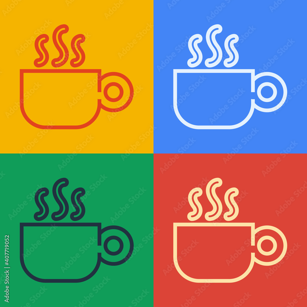 Pop art line Coffee cup icon isolated on color background. Tea cup. Hot drink coffee. Vector.