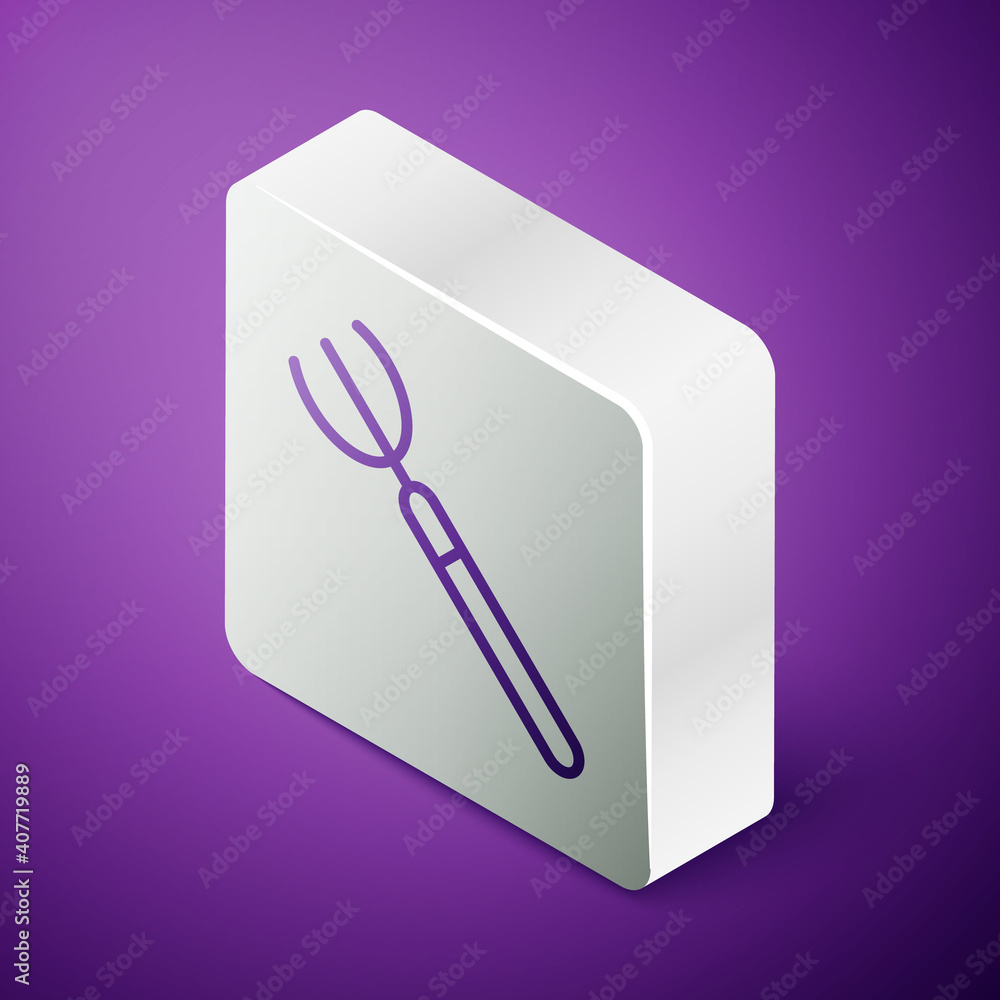 Isometric line Garden pitchfork icon isolated on purple background. Garden fork sign. Tool for horti