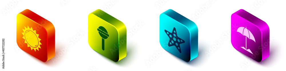 Set Isometric Sun, Lollipop, Starfish and Sun protective umbrella for beach icon. Vector.