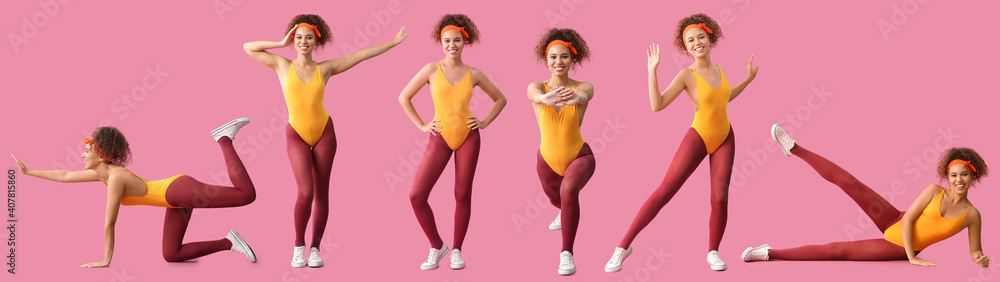 Young women doing aerobics on color background