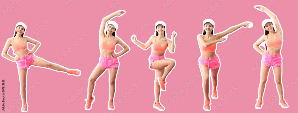 Young women doing aerobics on color background