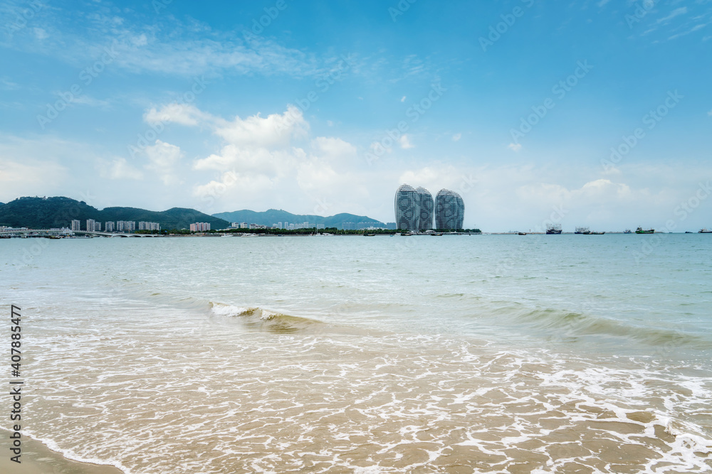 Aerial photography of Sanya island scenery and modern architecture