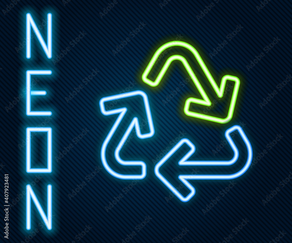 Glowing neon line Recycle symbol icon isolated on black background. Circular arrow icon. Environment