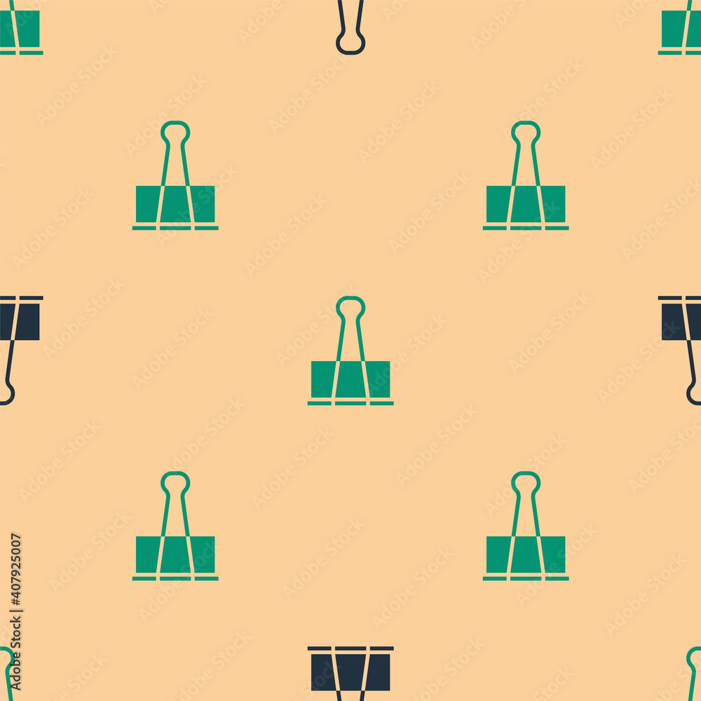 Green and black Binder clip icon isolated seamless pattern on beige background. Paper clip. Vector I