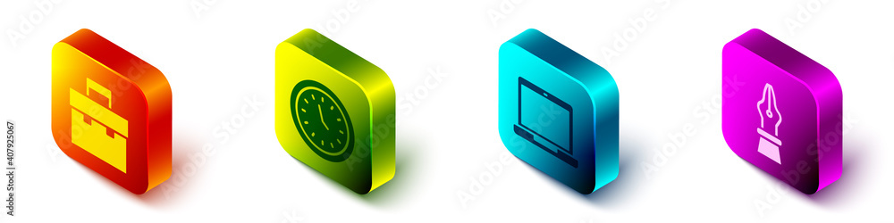 Set Isometric Briefcase, Clock, Laptop and Fountain pen nib icon. Vector.