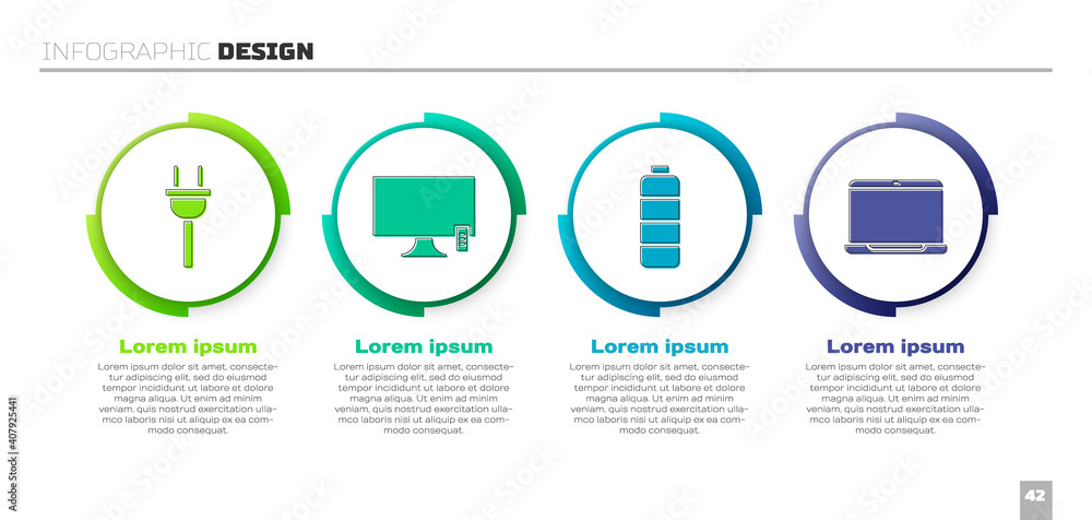 设置电插头、智能电视、电池电量指示器和笔记本电脑。商业信息图模板