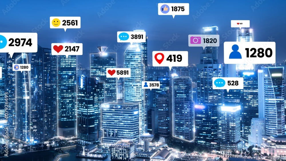 Social media icons fly over city downtown showing people engagement connection through social networ