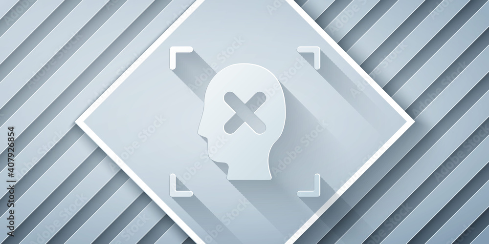 Paper cut Rejection face recognition icon isolated on grey background. Face identification scanner i