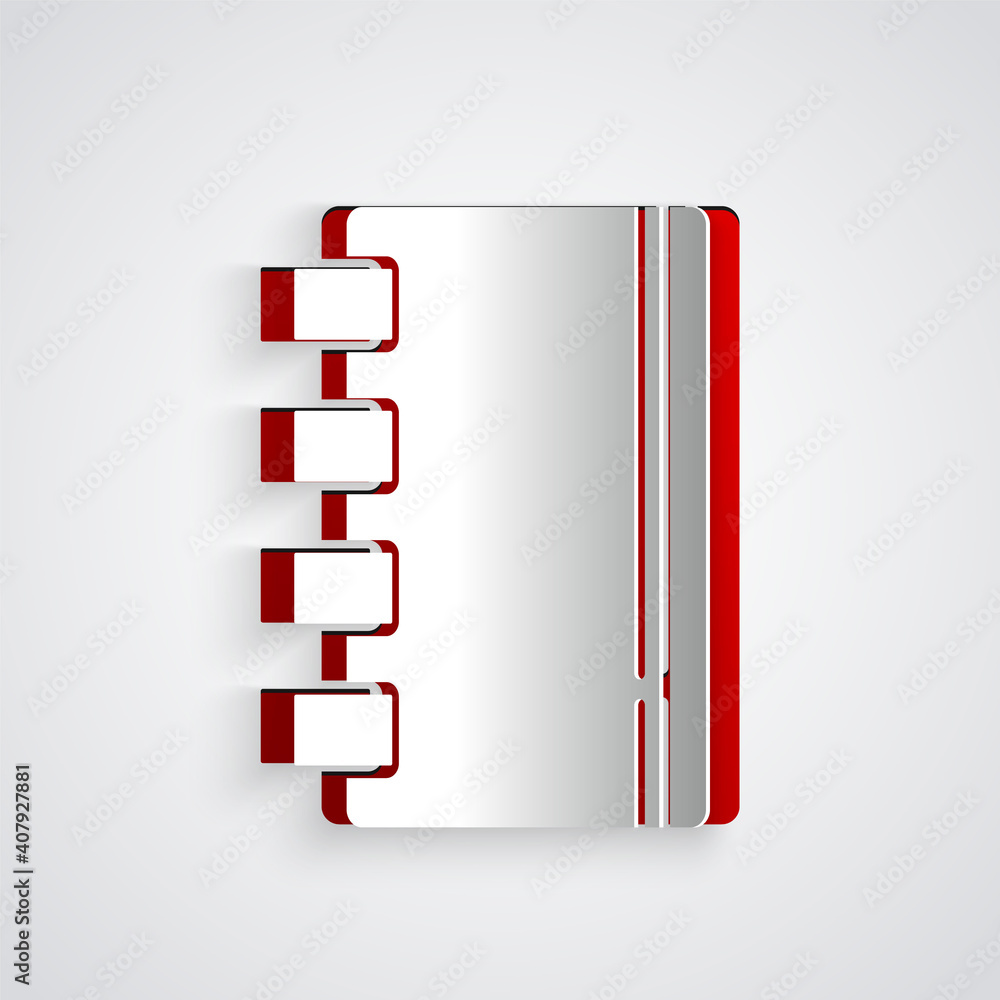 Paper cut Notebook icon isolated on grey background. Spiral notepad icon. School notebook. Writing p