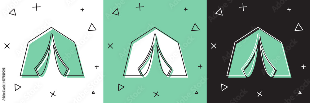 Set Tourist tent icon isolated on white and green, black background. Camping symbol. Vector.