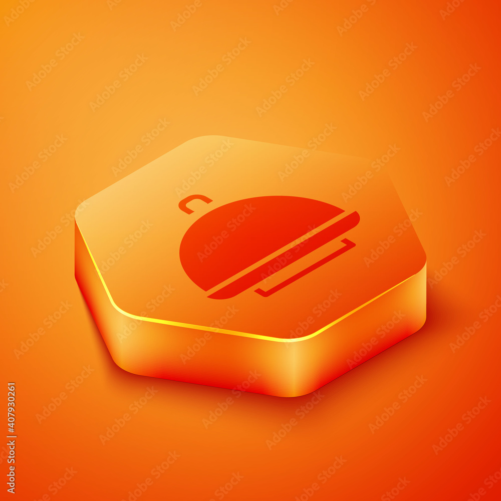 Isometric Covered with a tray of food icon isolated on orange background. Tray and lid sign. Restaur