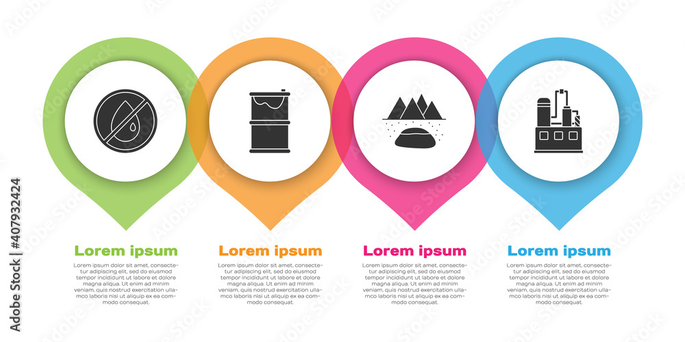 设置无油滴，桶式漏油，油田和石油工业厂房。商业信息图