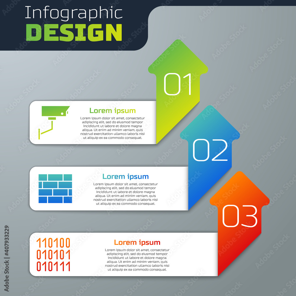 设置安全摄像头，砖块和二进制代码。商业信息图模板。矢量。