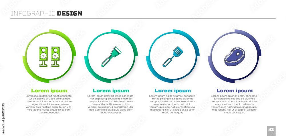 设置立体声扬声器、抹刀和牛排。商业信息图模板。矢量。
