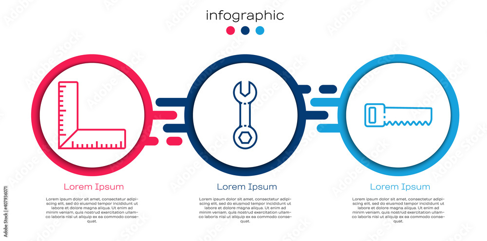 设置线条角尺、扳手和手锯。业务信息图模板。矢量。
