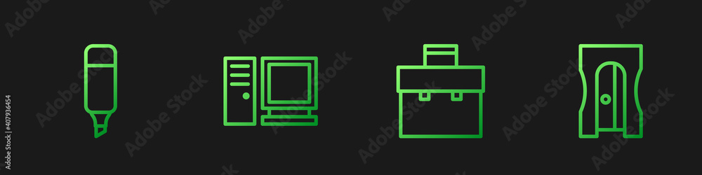 设置线条公文包、记号笔、电脑显示器和卷笔刀。渐变色图标。矢量。