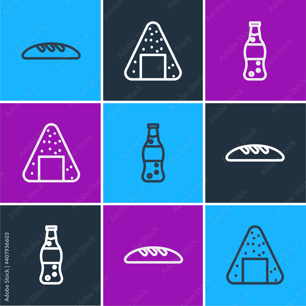 Set line Bread loaf, Bottle of water and Onigiri icon. Vector.