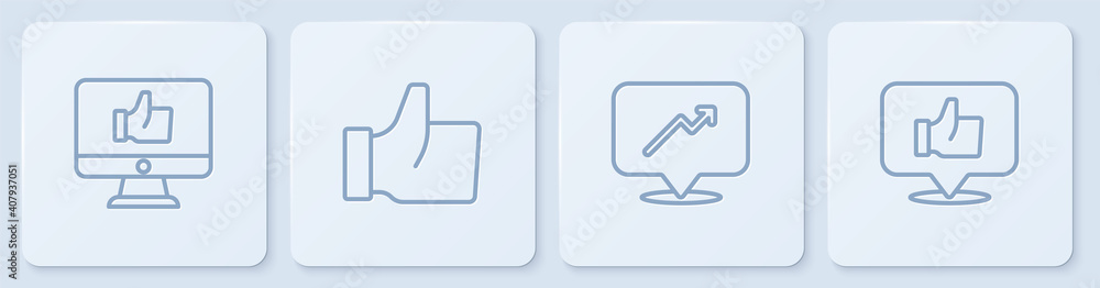 Set line Hand like, Graph, schedule, chart, and . White square button. Vector.