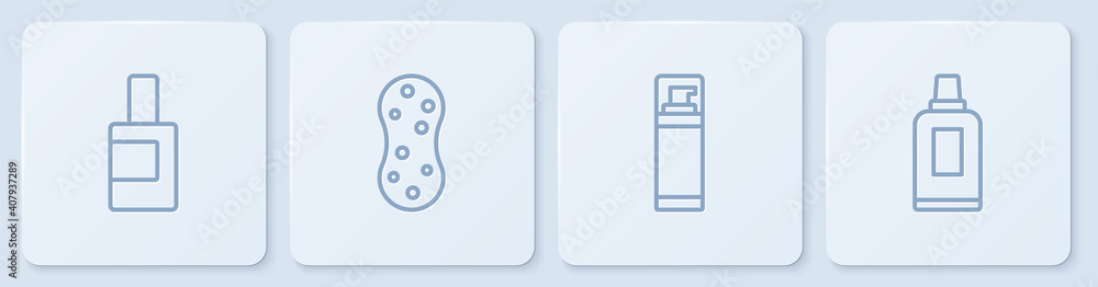 用于清洁剂、剃须凝胶泡沫、海绵和白色方形按钮的设置线瓶。矢量。