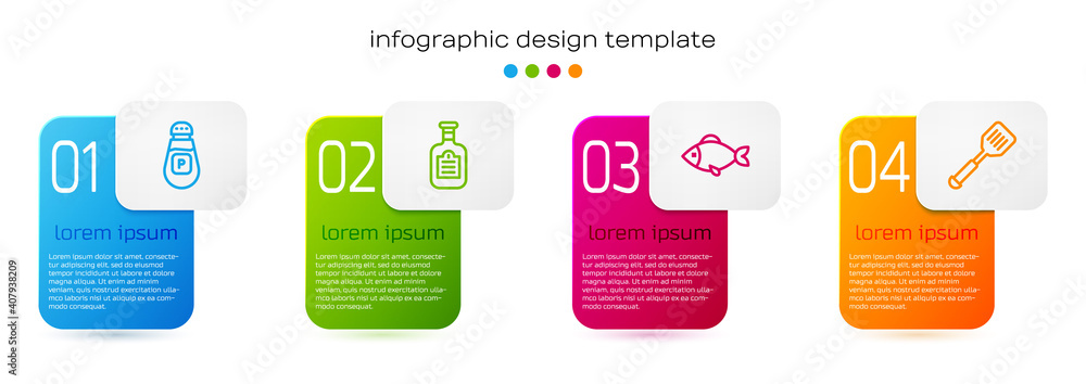 Set line Pepper, Sauce bottle, Fish and Spatula. Business infographic template. Vector.