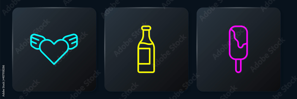 Set line Heart with wings, Ice cream and Wine bottle. Black square button. Vector.