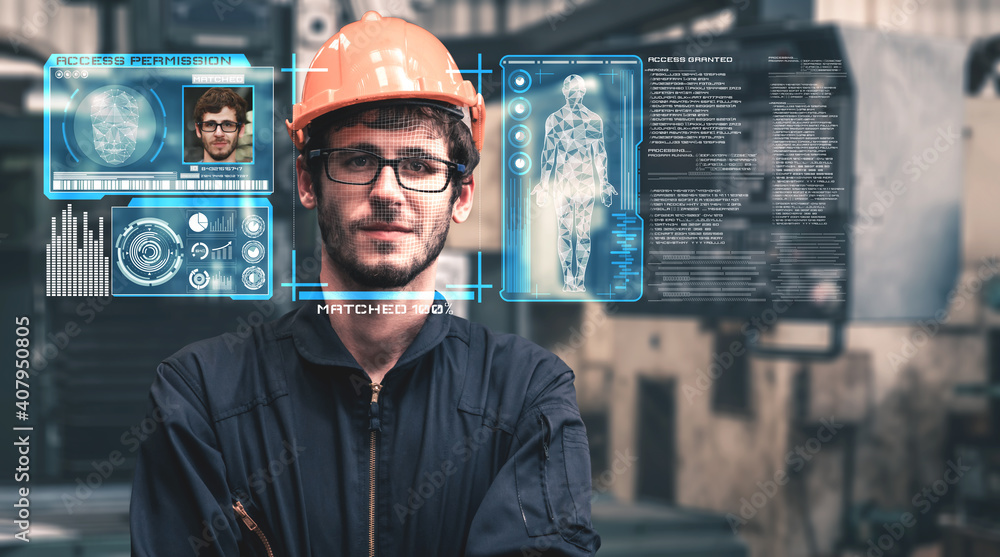 Facial recognition technology for industry worker to access machine control . Future concept interfa