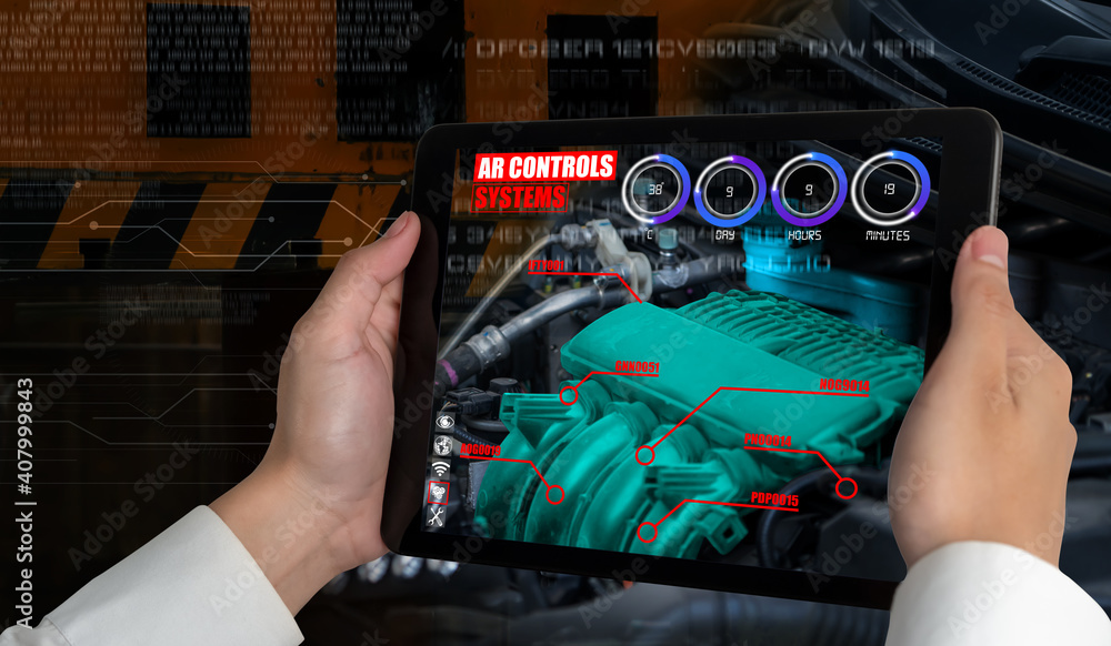 Engineer use augmented reality software to monitor parts of car vehicle with automated application .