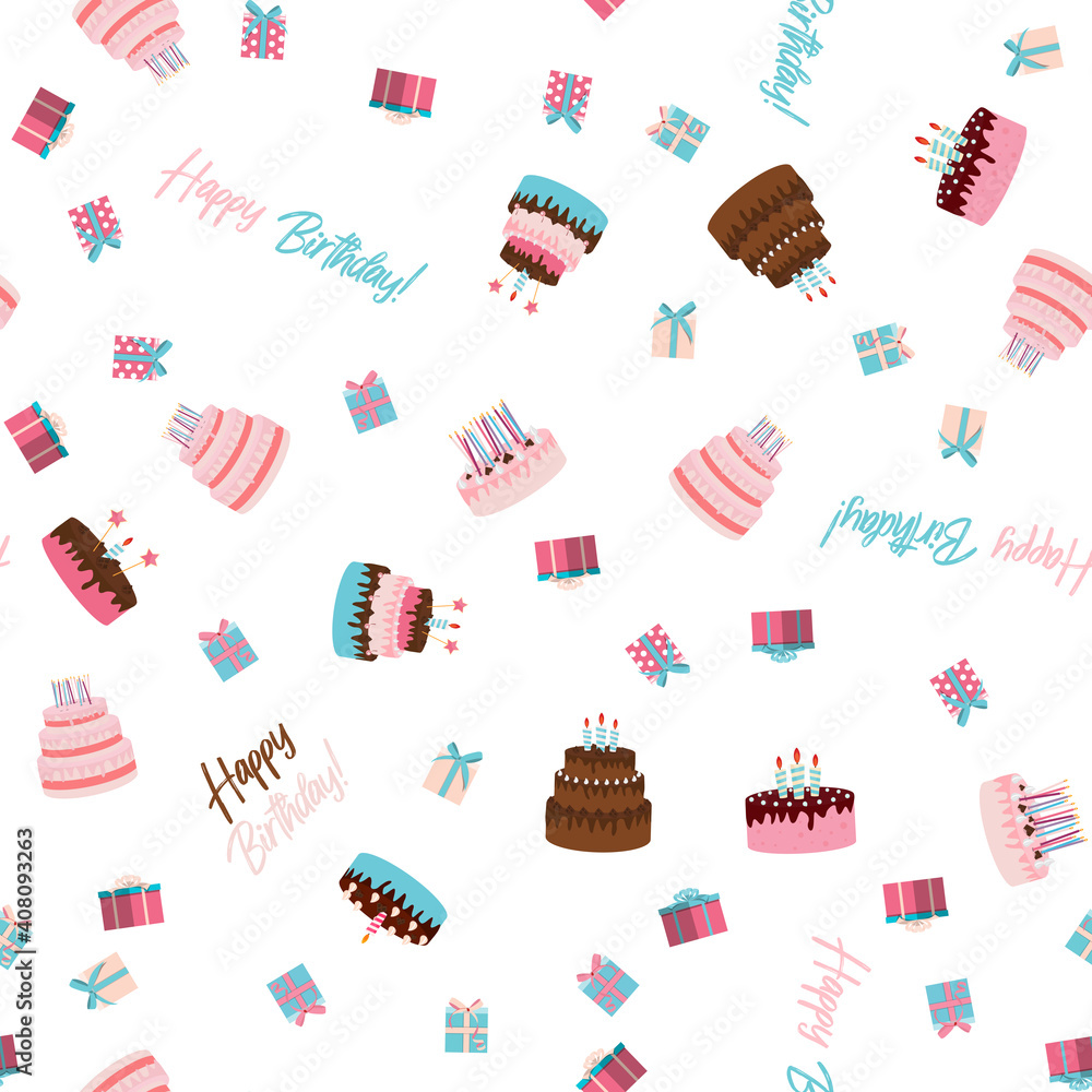 Cute Birthday Seamless Pattern Background with Cake, Candles. Design Element for Party Invitation, C