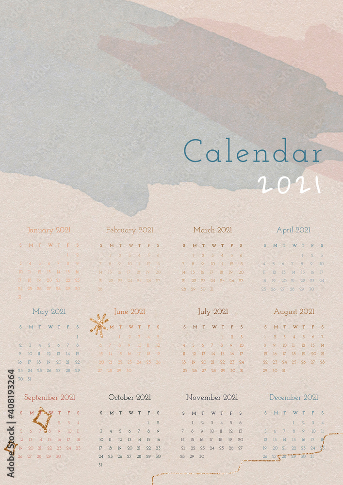 Calendar 2021 yearly editable template vector with abstract watercolor background set