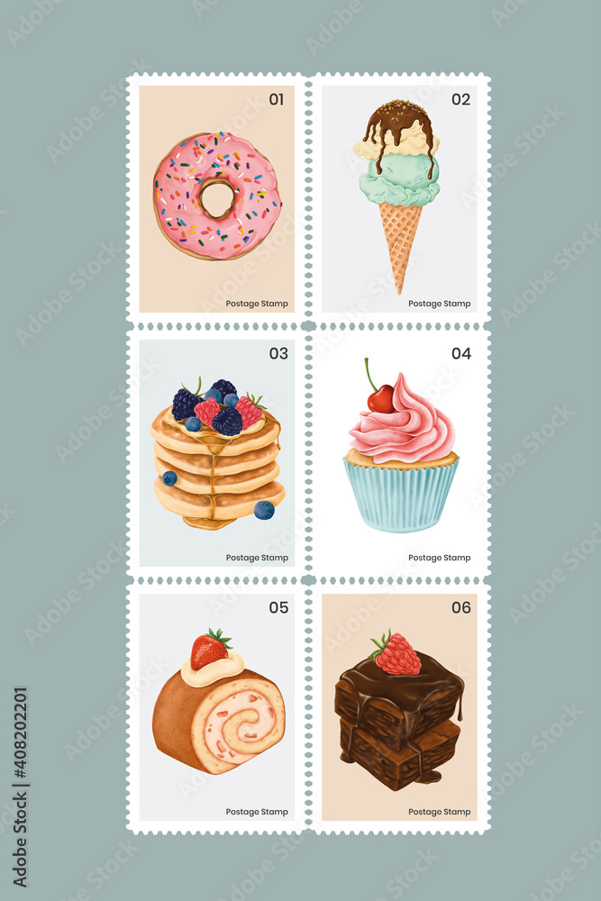 Cute pastry and sweets on postage stamps set vector