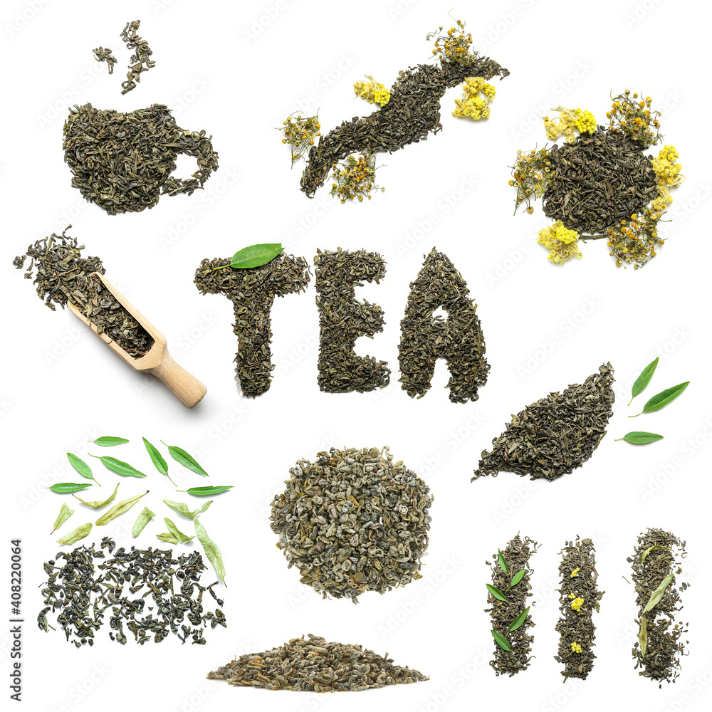 Collage of dry tea leaves on white background