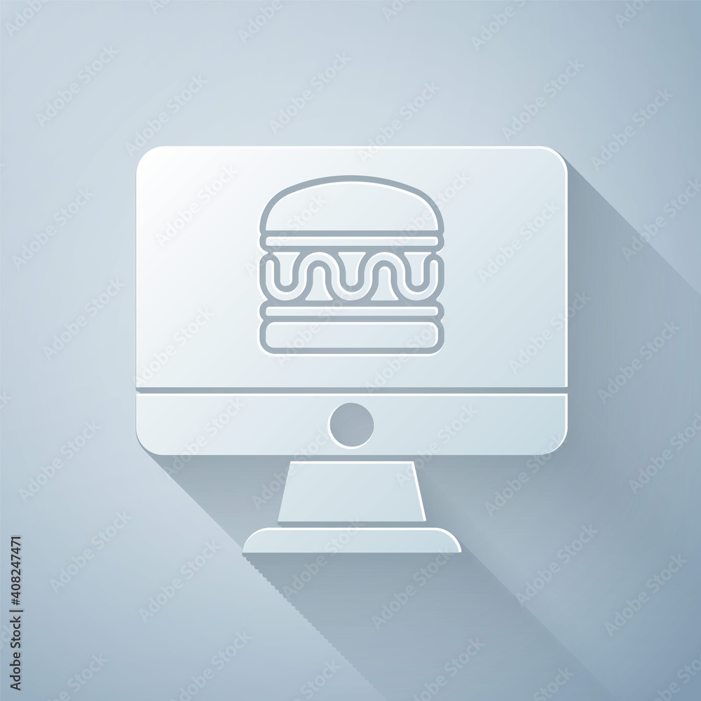 Paper cut Online ordering and fast food delivery icon isolated on grey background. Paper art style. 