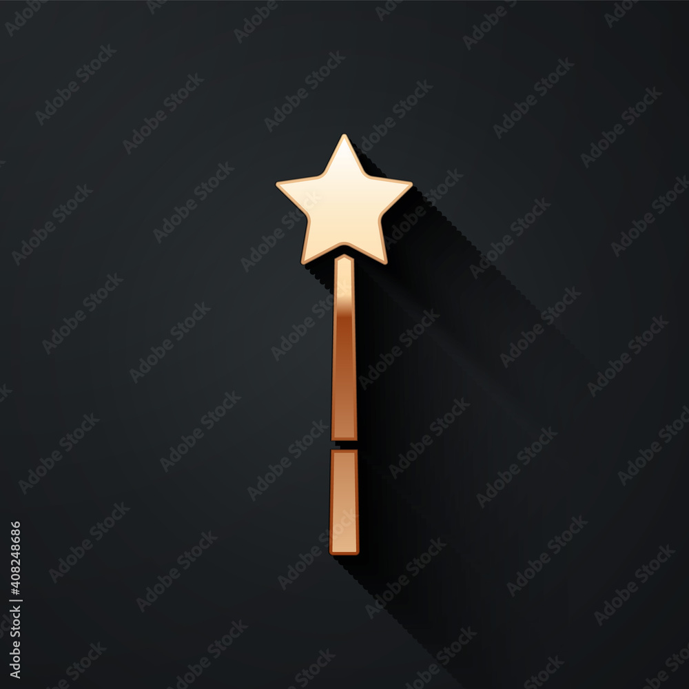 Gold Magic wand icon isolated on black background. Star shape magic accessory. Magical power. Long s