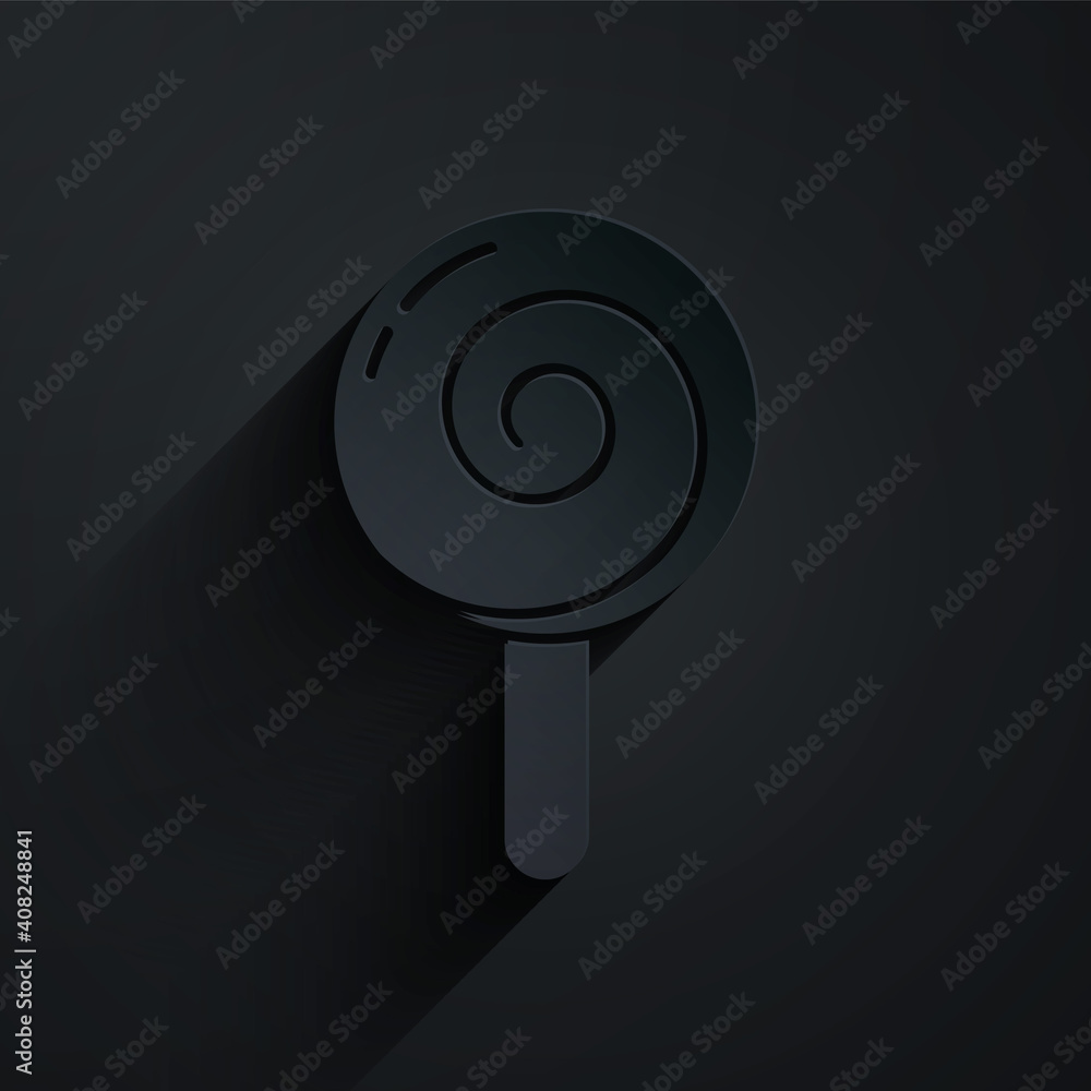 Paper cut Lollipop icon isolated on black background. Food, delicious symbol. Paper art style. Vecto