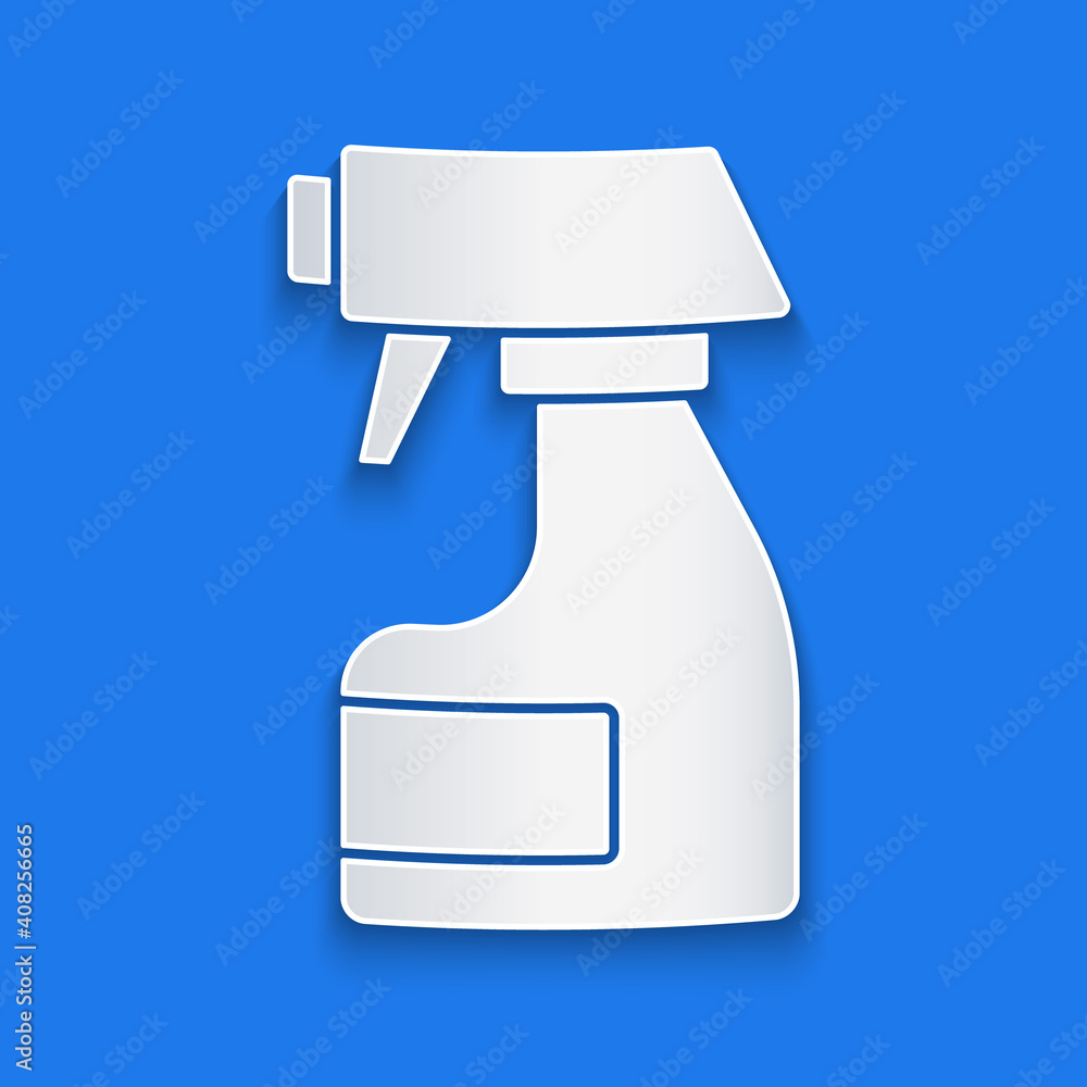 Paper cut Cleaning spray bottle with detergent liquid icon isolated on blue background. Stain remove