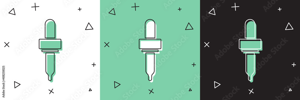 将移液管图标隔离在白色和绿色、黑色背景上。医疗、化妆品和化学元素