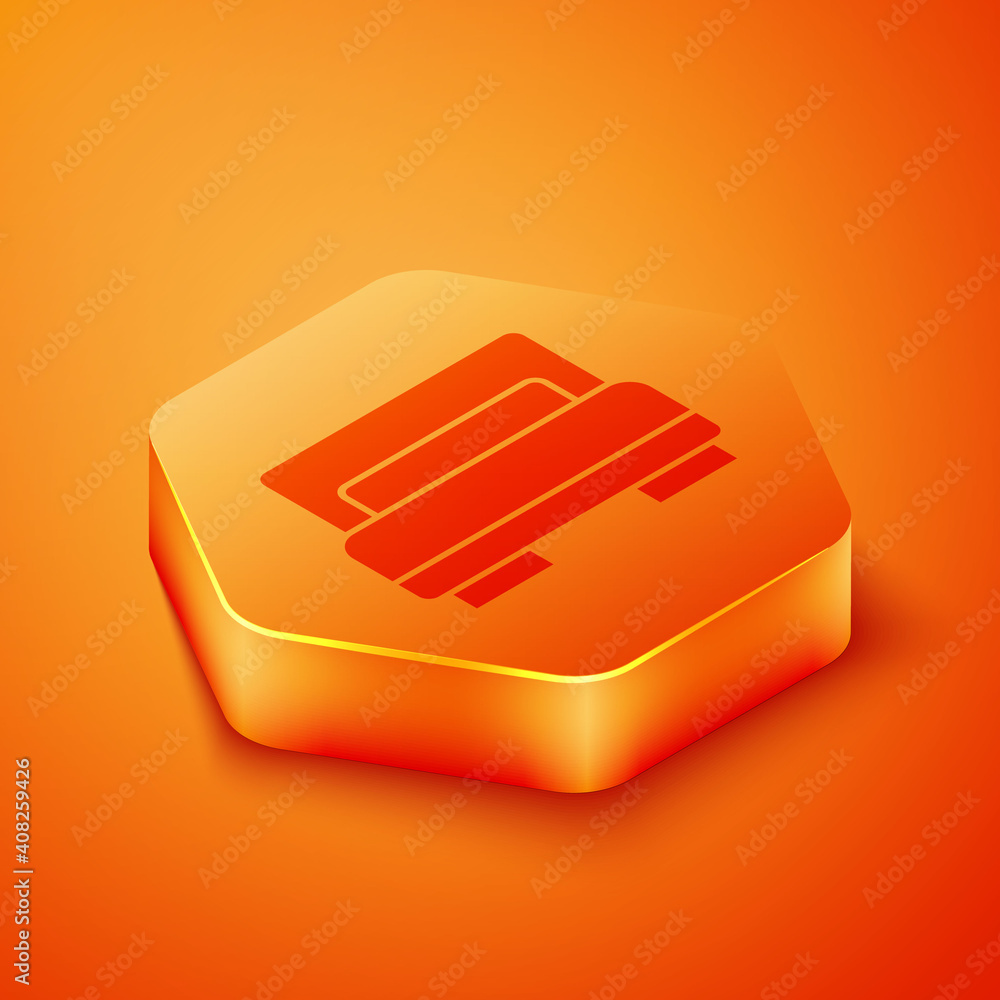 Isometric Hotel room bed icon isolated on orange background. Orange hexagon button. Vector.