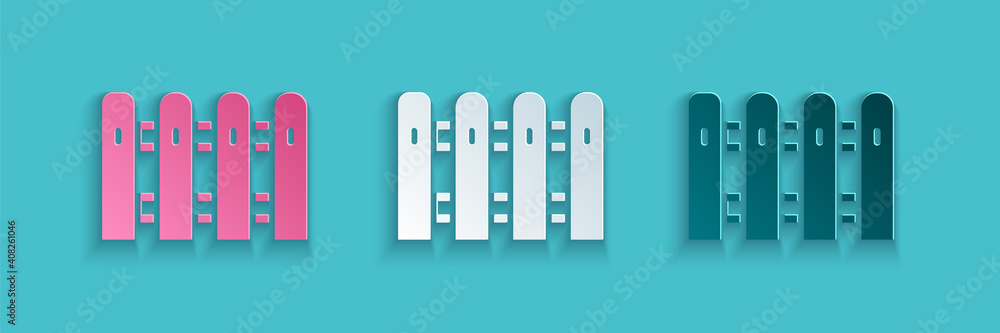 Paper cut Garden fence wooden icon isolated on blue background. Paper art style. Vector.