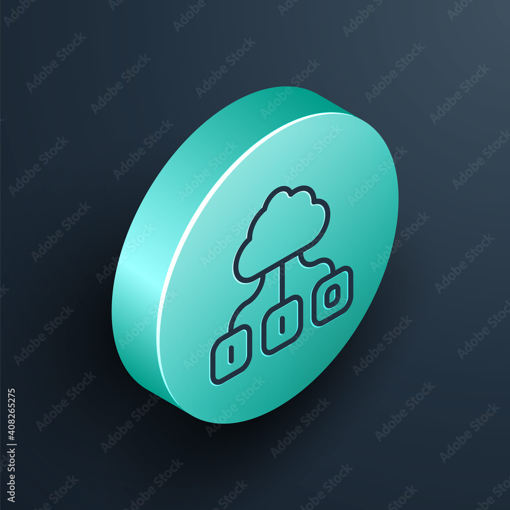 Isometric line Cloud technology data transfer and storage icon isolated on black background. Turquoi