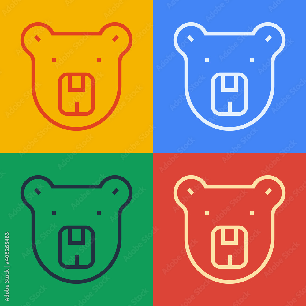 Pop art line Bear head icon isolated on color background. Vector.