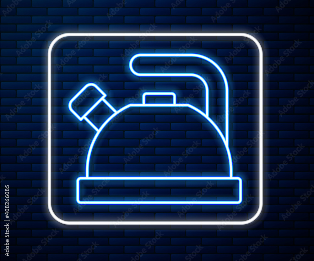 Glowing neon line Kettle with handle icon isolated on brick wall background. Teapot icon. Vector.