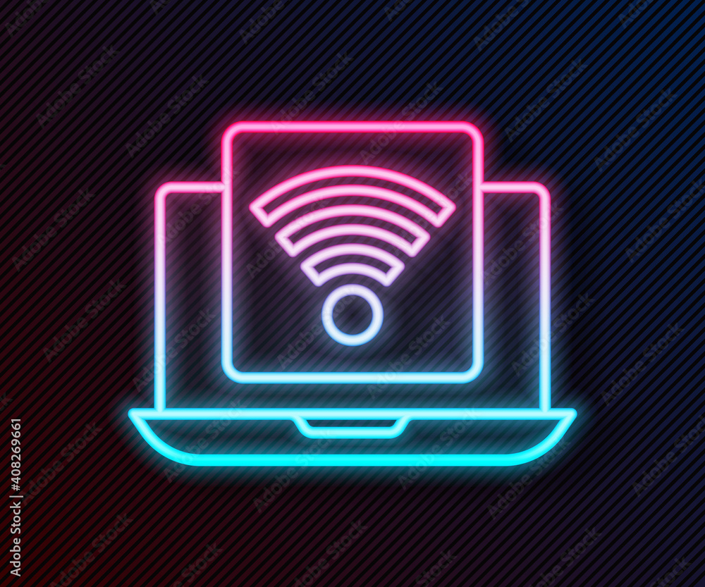 Glowing neon line Wireless laptop icon isolated on black background. Internet of things concept with