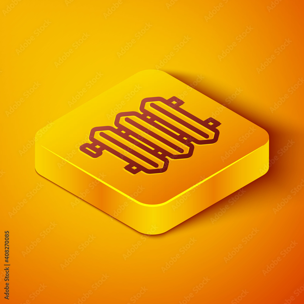 Isometric line Heating radiator icon isolated on orange background. Yellow square button. Vector.