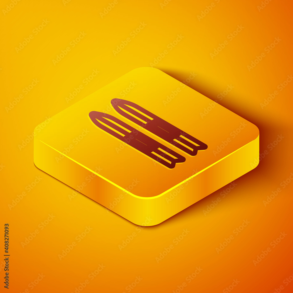 Isometric line Ski and sticks icon isolated on orange background. Extreme sport. Skiing equipment. W