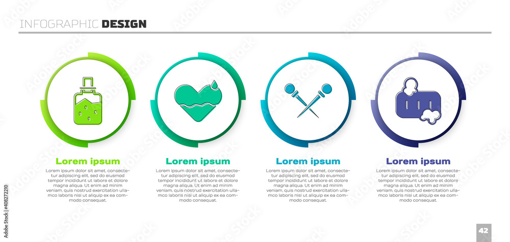 Set Spa salt, Heart heal, Knitting needles and Bar of soap with foam. Business infographic template.