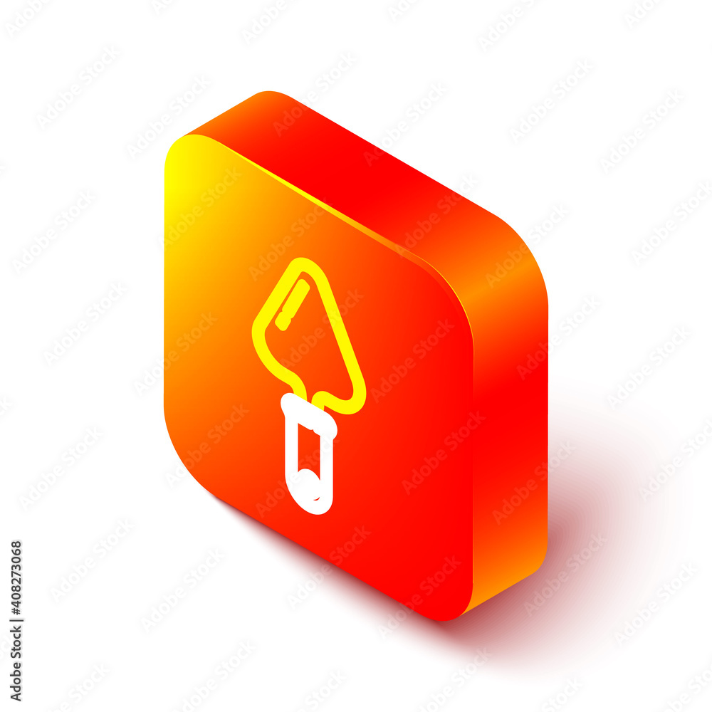 Isometric line Trowel icon isolated on white background. Orange square button. Vector Illustration.